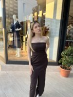 Yırtmaç Detaylı Kahverengi Elbise